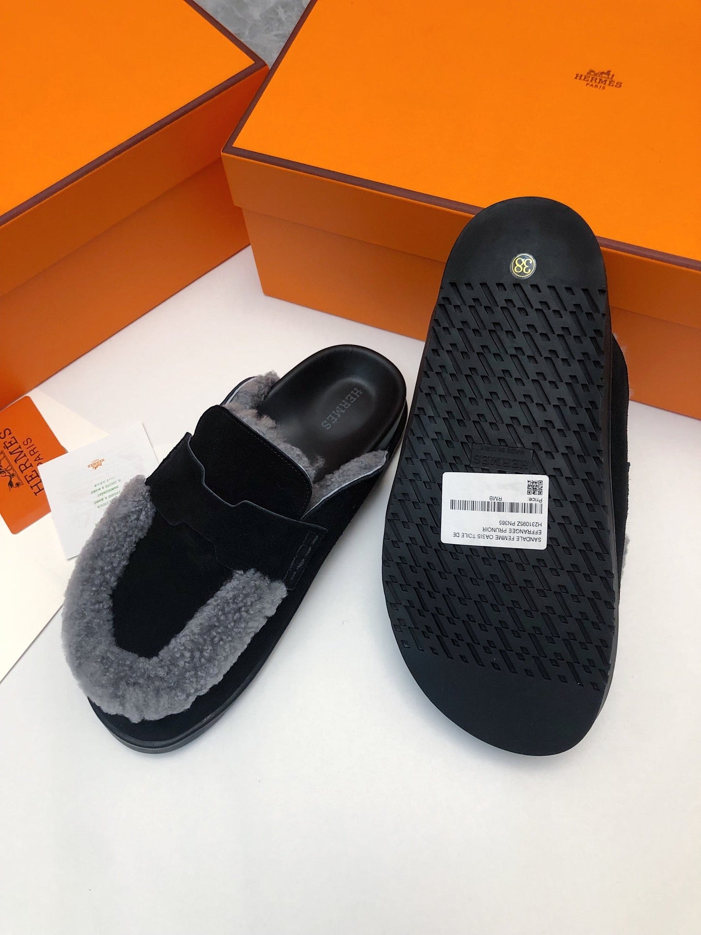 GO MULE IN BLACK SUEDE ATTACH LIGHT GRAY FLEECE - 35