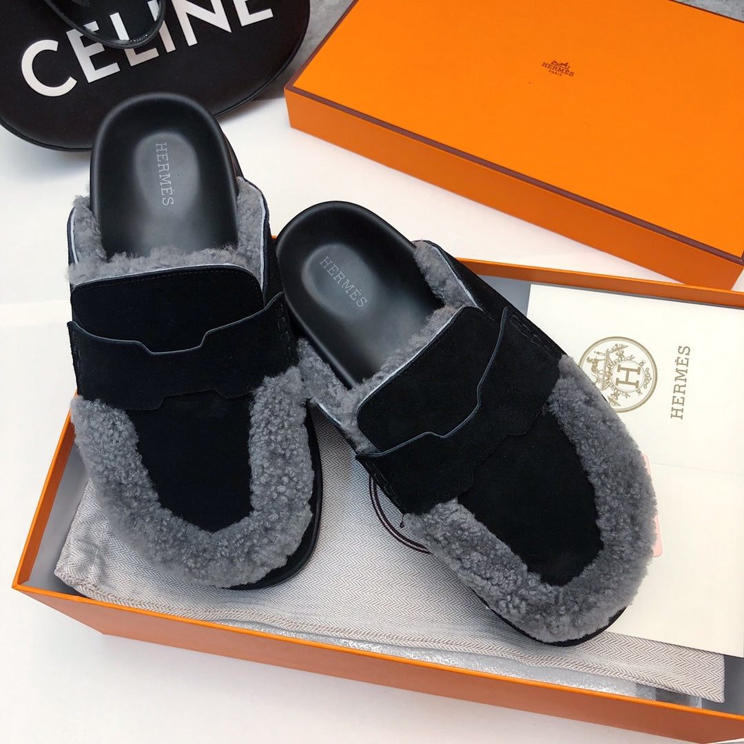 GO MULE IN BLACK SUEDE ATTACH LIGHT GRAY FLEECE - 35
