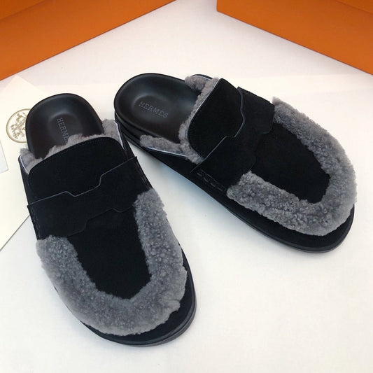 GO MULE IN BLACK SUEDE ATTACH LIGHT GRAY FLEECE - 35