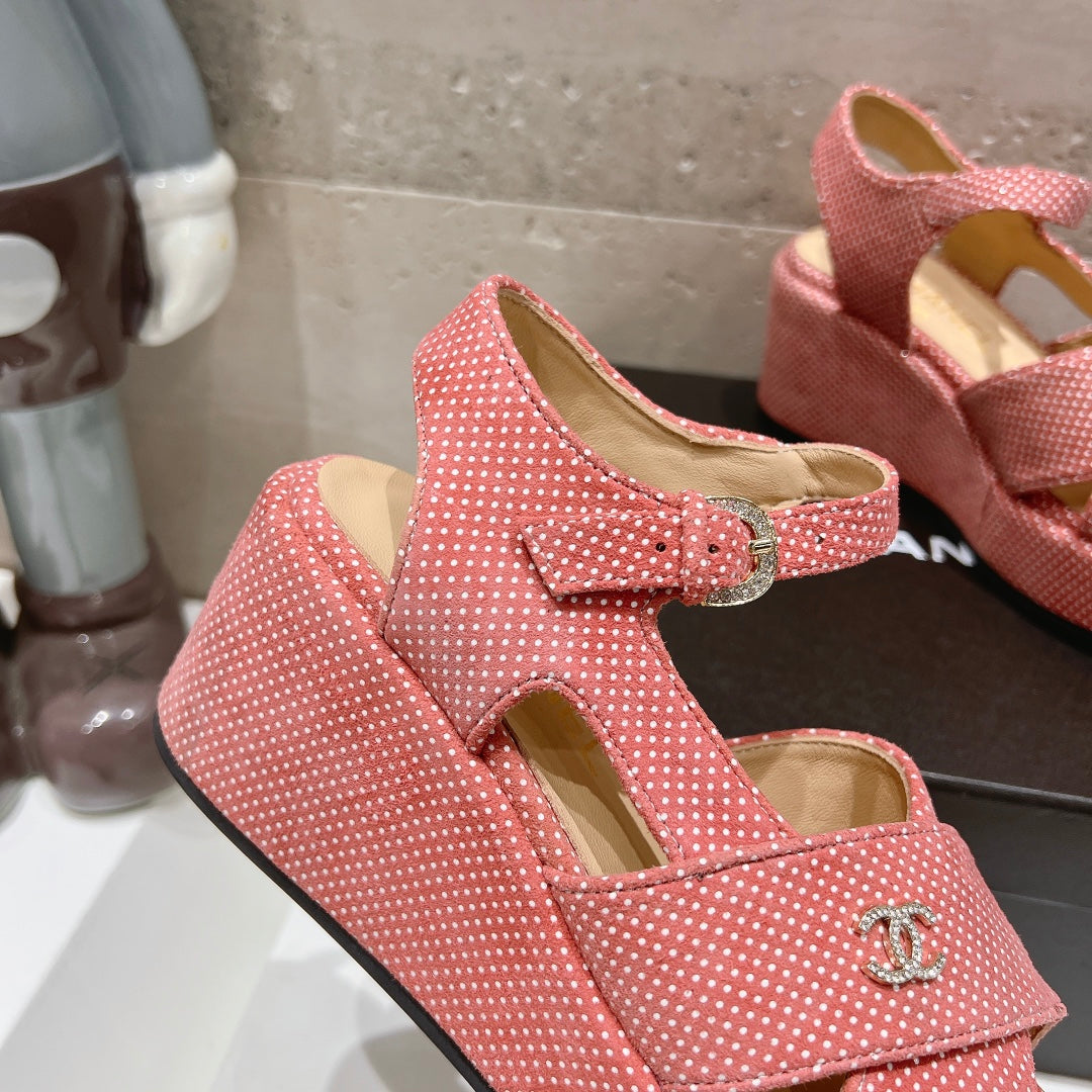 Wedge Open-Toe High Heel Sandals Light Pink Sheepskin - 34