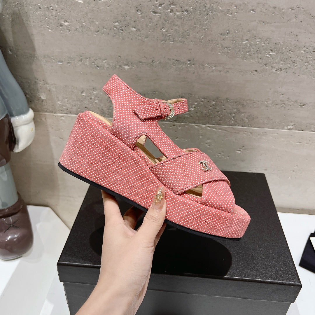 Wedge Open-Toe High Heel Sandals Light Pink Sheepskin - 34