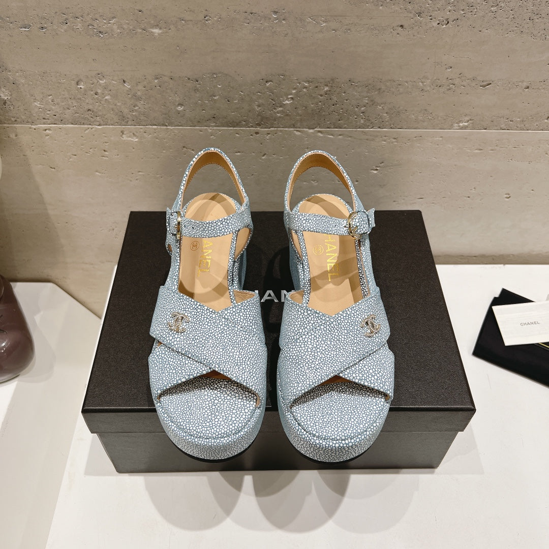 Wedge Open-Toe High Heel Sandals Saphire Blue Sheepskin - 34