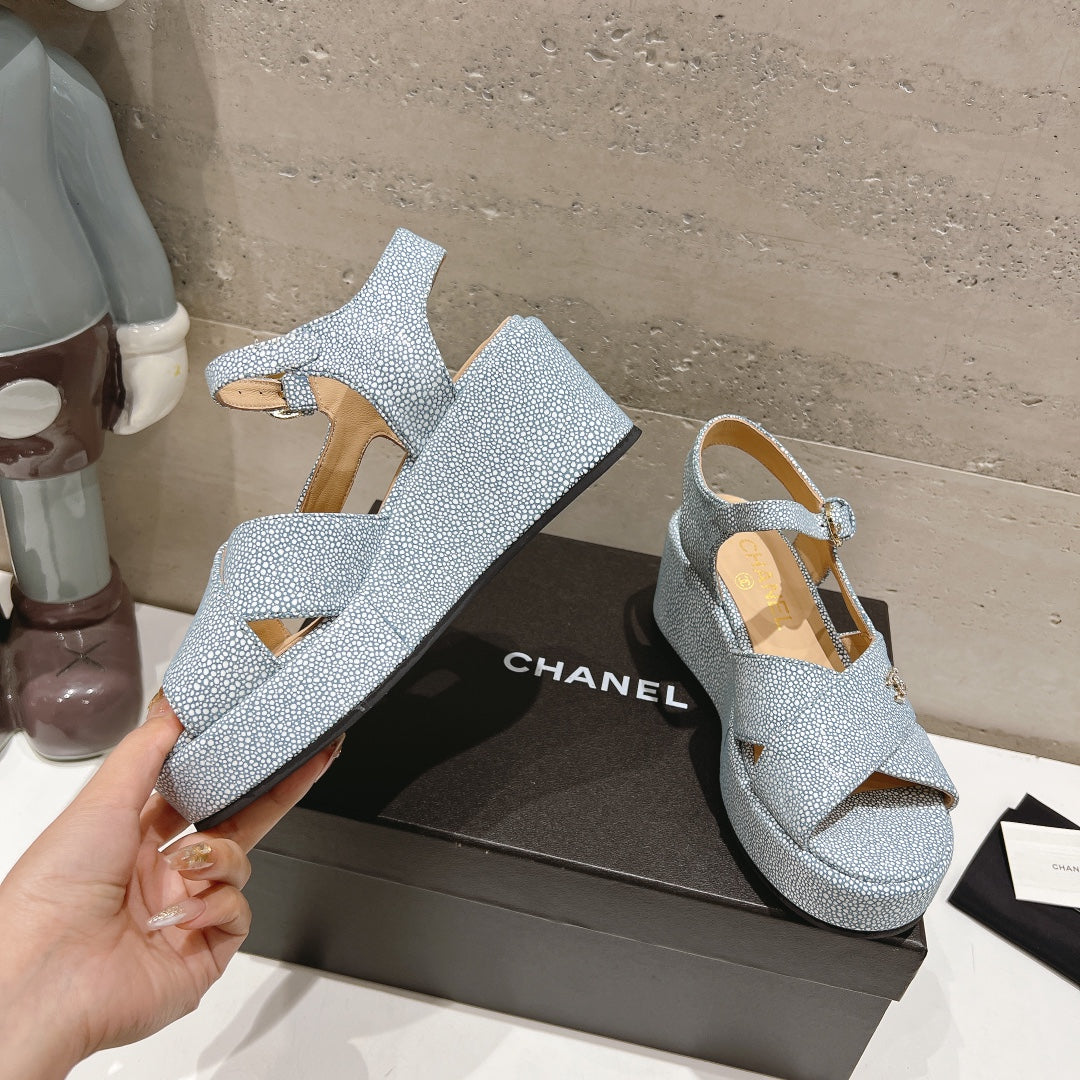 Wedge Open-Toe High Heel Sandals Saphire Blue Sheepskin - 34