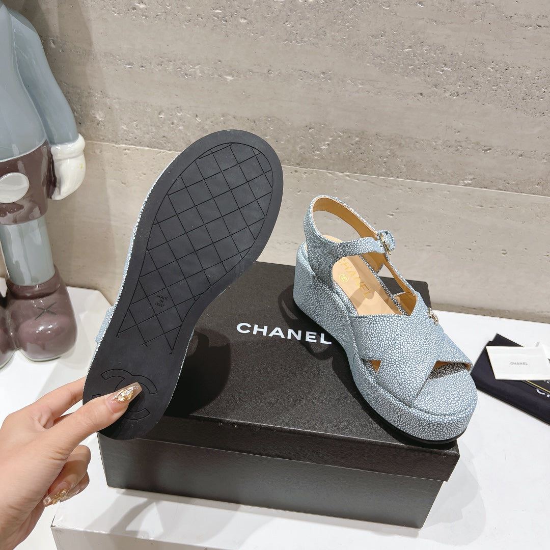 Wedge Open-Toe High Heel Sandals Saphire Blue Sheepskin - 34