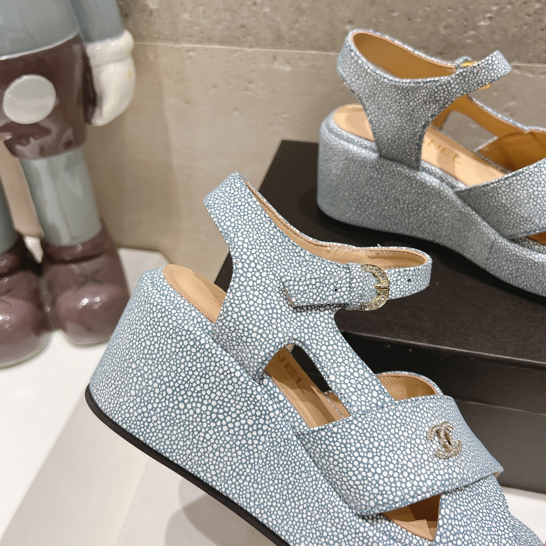 Wedge Open-Toe High Heel Sandals Saphire Blue Sheepskin - 34