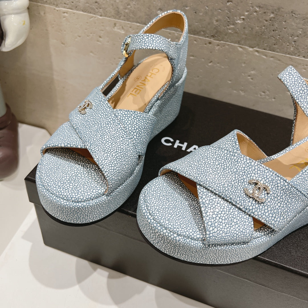 Wedge Open-Toe High Heel Sandals Saphire Blue Sheepskin - 34
