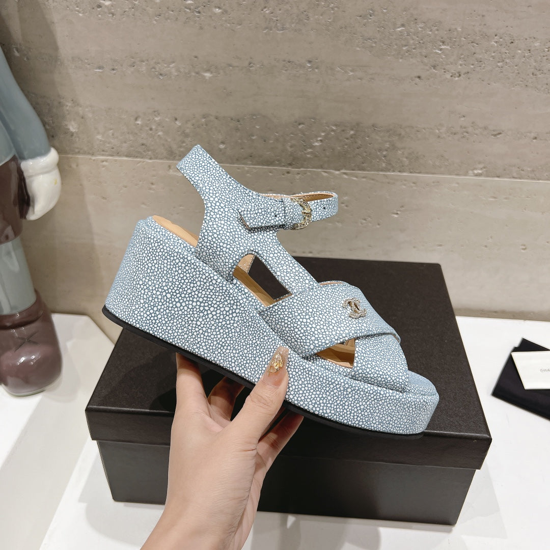 Wedge Open-Toe High Heel Sandals Saphire Blue Sheepskin - 34