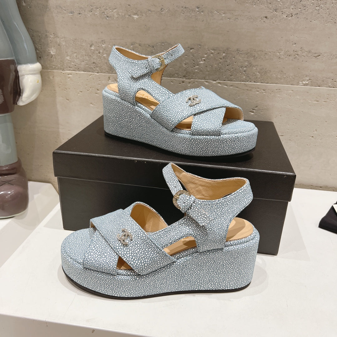 Wedge Open-Toe High Heel Sandals Saphire Blue Sheepskin - 34