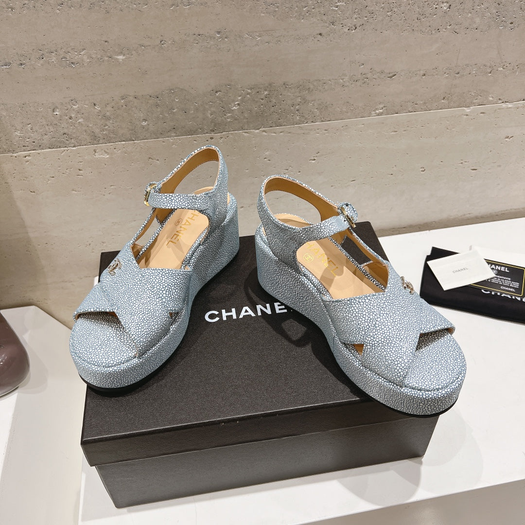 Wedge Open-Toe High Heel Sandals Saphire Blue Sheepskin - 34