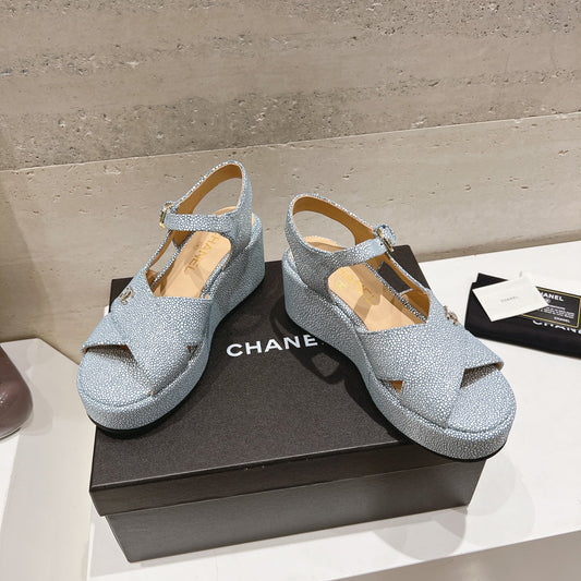 Wedge Open-Toe High Heel Sandals Saphire Blue Sheepskin - 34