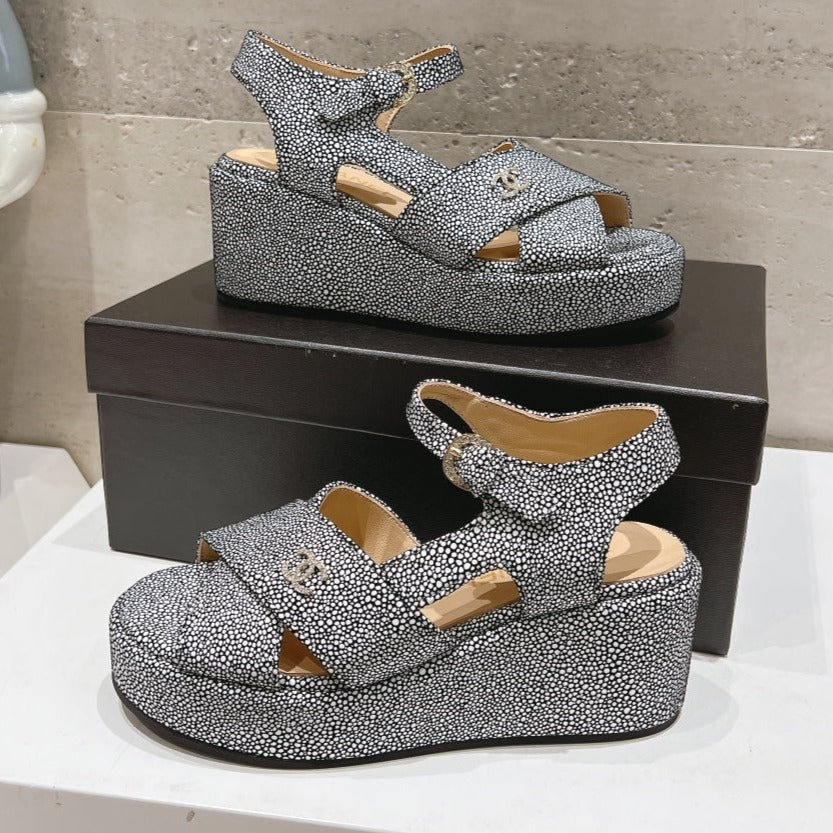 Wedge Open-Toe High Heel Sandals Slate Gray Sheepskin - 34