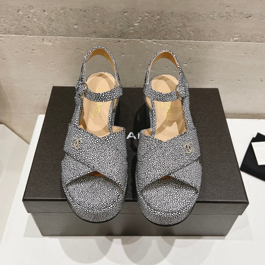 Wedge Open-Toe High Heel Sandals Slate Gray Sheepskin - 34