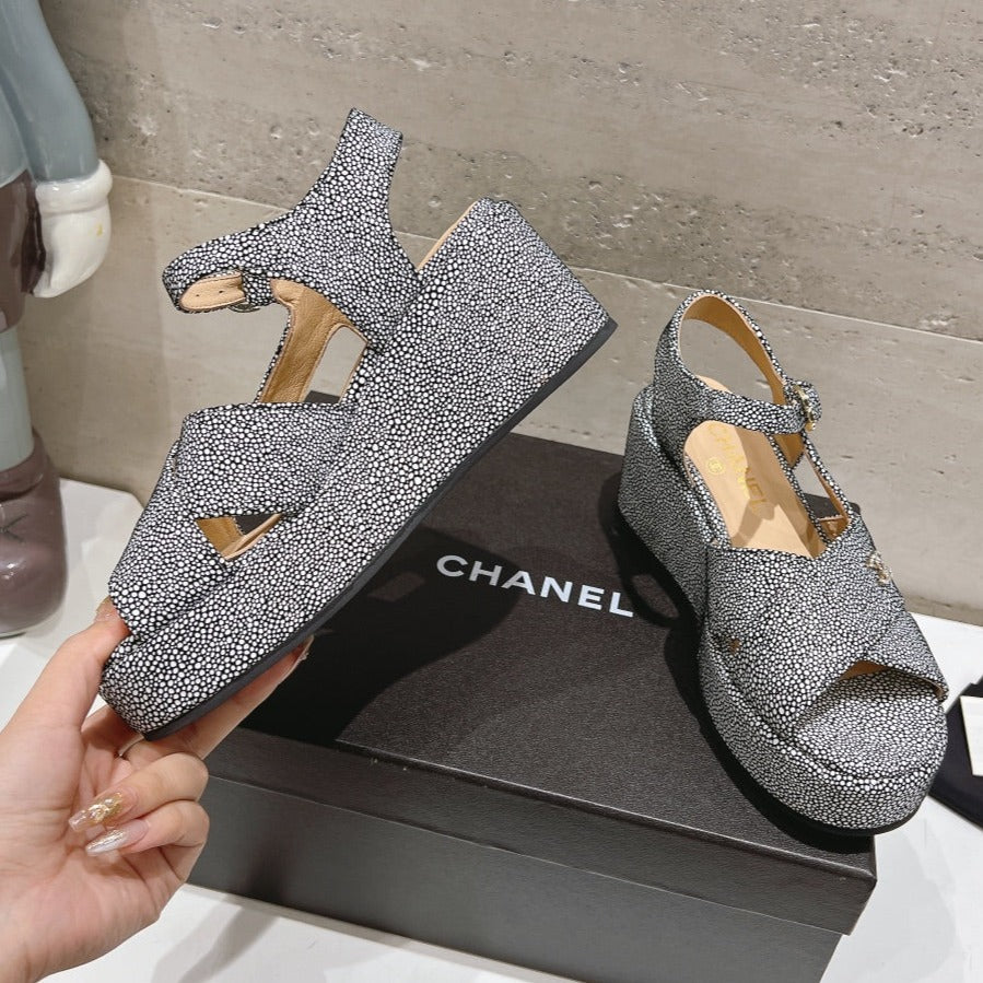Wedge Open-Toe High Heel Sandals Slate Gray Sheepskin - 34