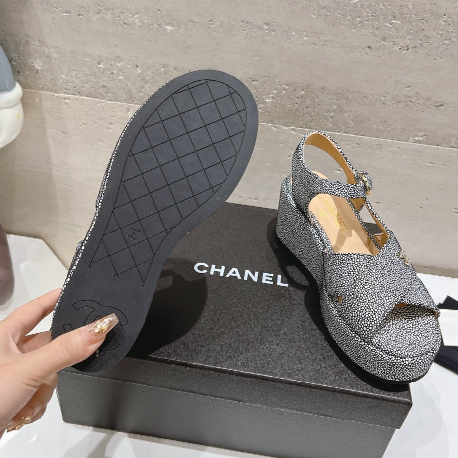 Wedge Open-Toe High Heel Sandals Slate Gray Sheepskin - 34