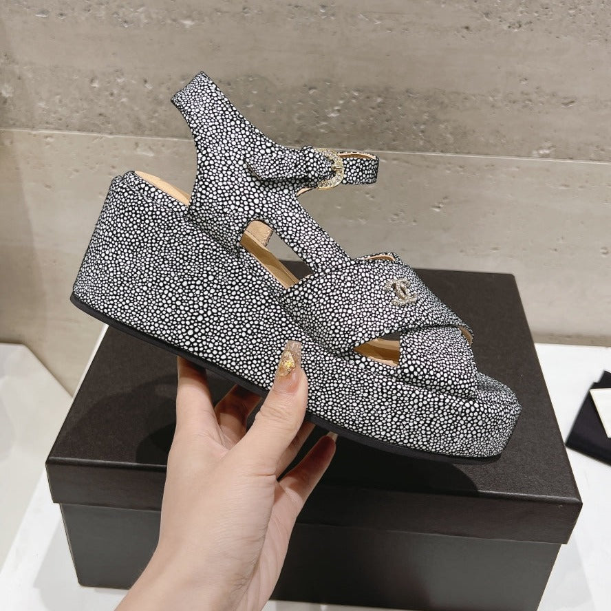 Wedge Open-Toe High Heel Sandals Slate Gray Sheepskin - 34
