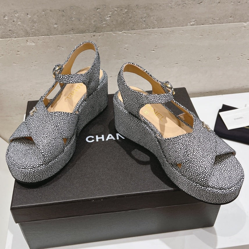 Wedge Open-Toe High Heel Sandals Slate Gray Sheepskin - 34