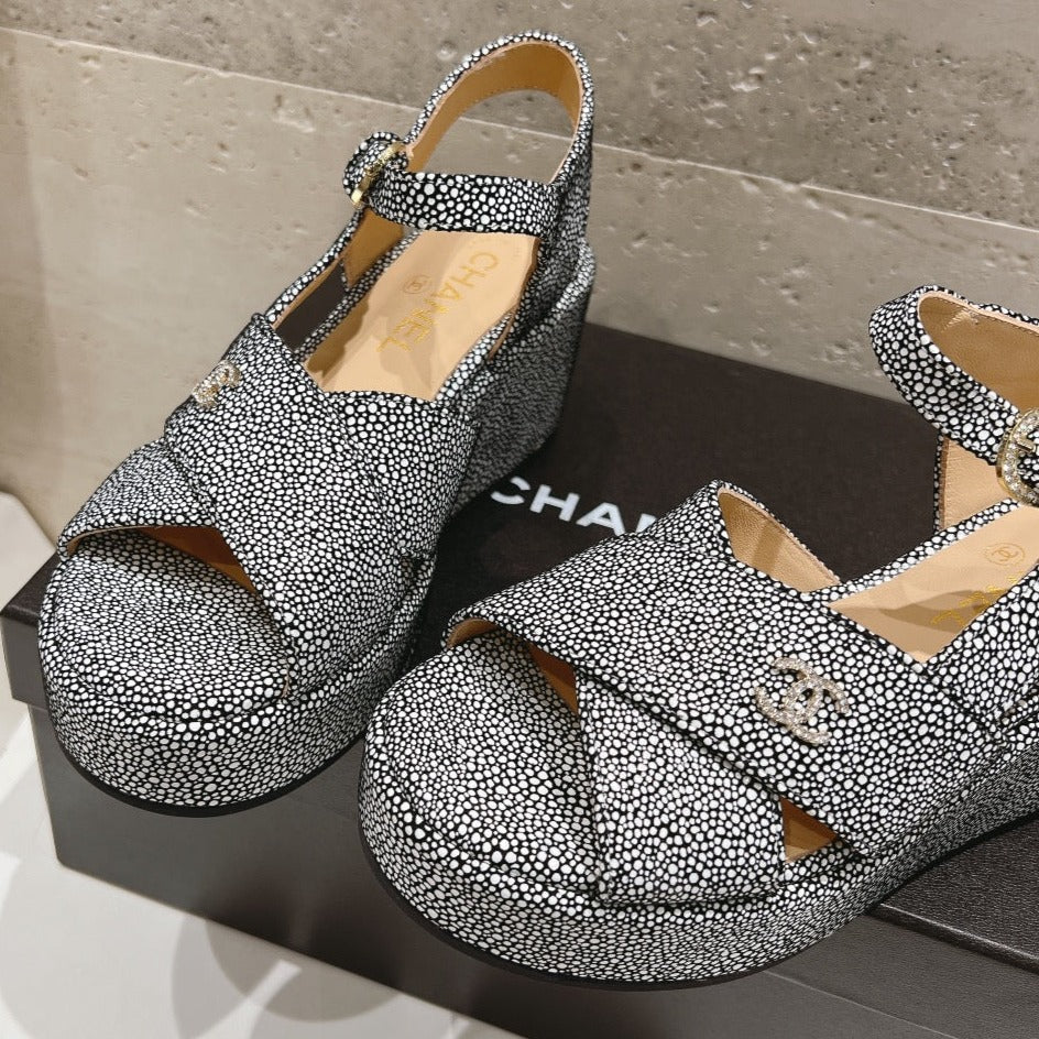 Wedge Open-Toe High Heel Sandals Slate Gray Sheepskin - 34