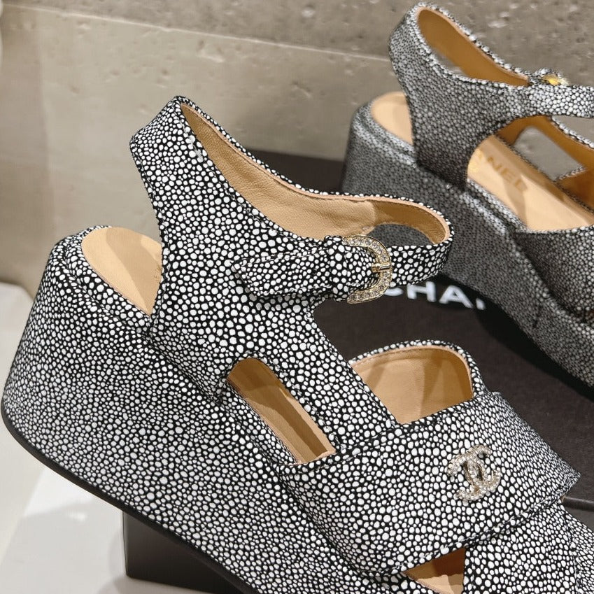 Wedge Open-Toe High Heel Sandals Slate Gray Sheepskin - 34