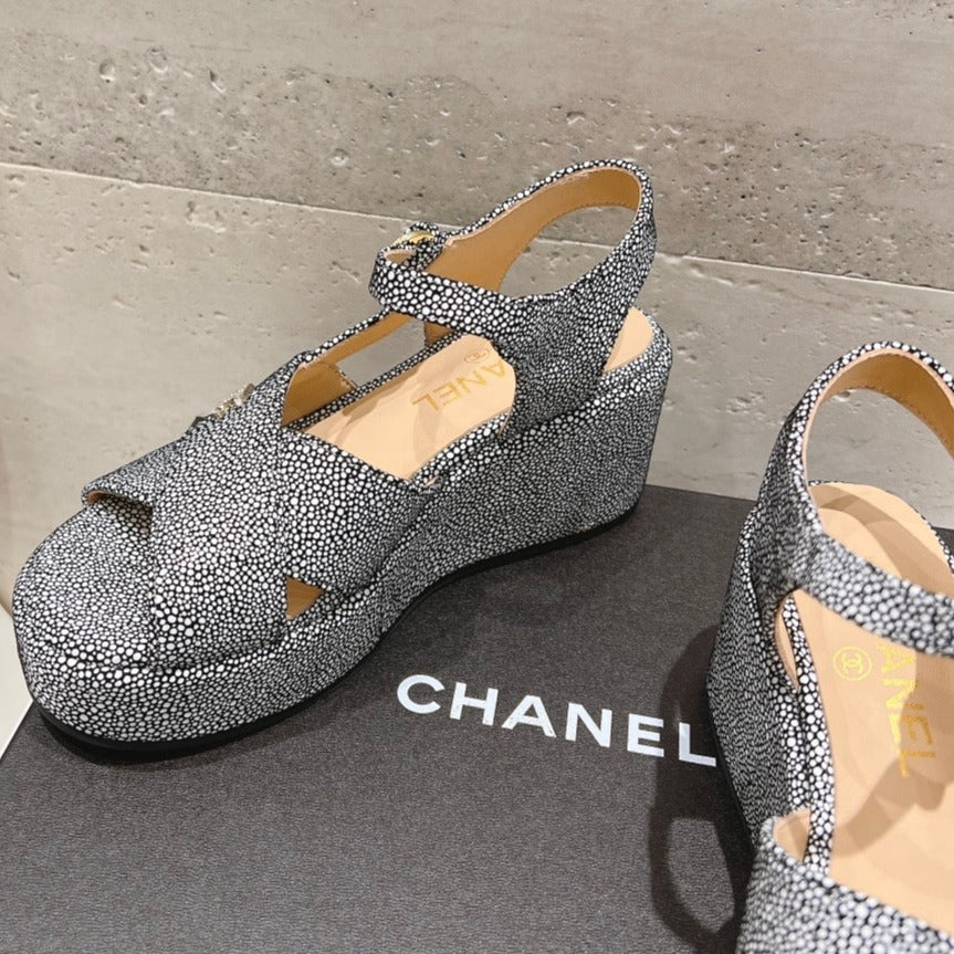 Wedge Open-Toe High Heel Sandals Slate Gray Sheepskin - 34