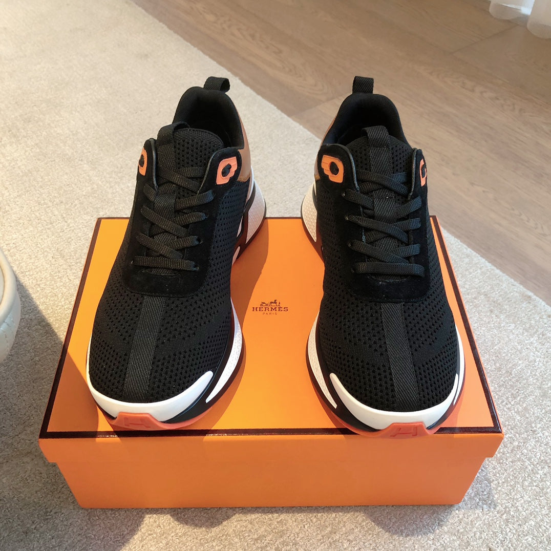 HEROS SNEAKER IN BLACK BREATHABLE MESH FABRIC AND BRONZE BROWN CALFSKIN - 35