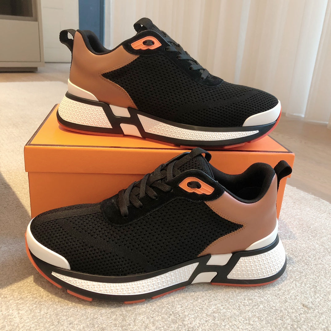 HEROS SNEAKER IN BLACK BREATHABLE MESH FABRIC AND BRONZE BROWN CALFSKIN - 35