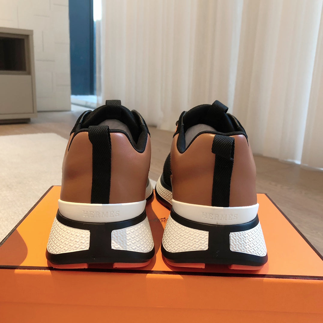 HEROS SNEAKER IN BLACK BREATHABLE MESH FABRIC AND BRONZE BROWN CALFSKIN - 35