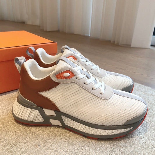 HEROS SNEAKER IN WHITE BREATHABLE MESH FABRIC AND BROWN CALFSKIN - 35