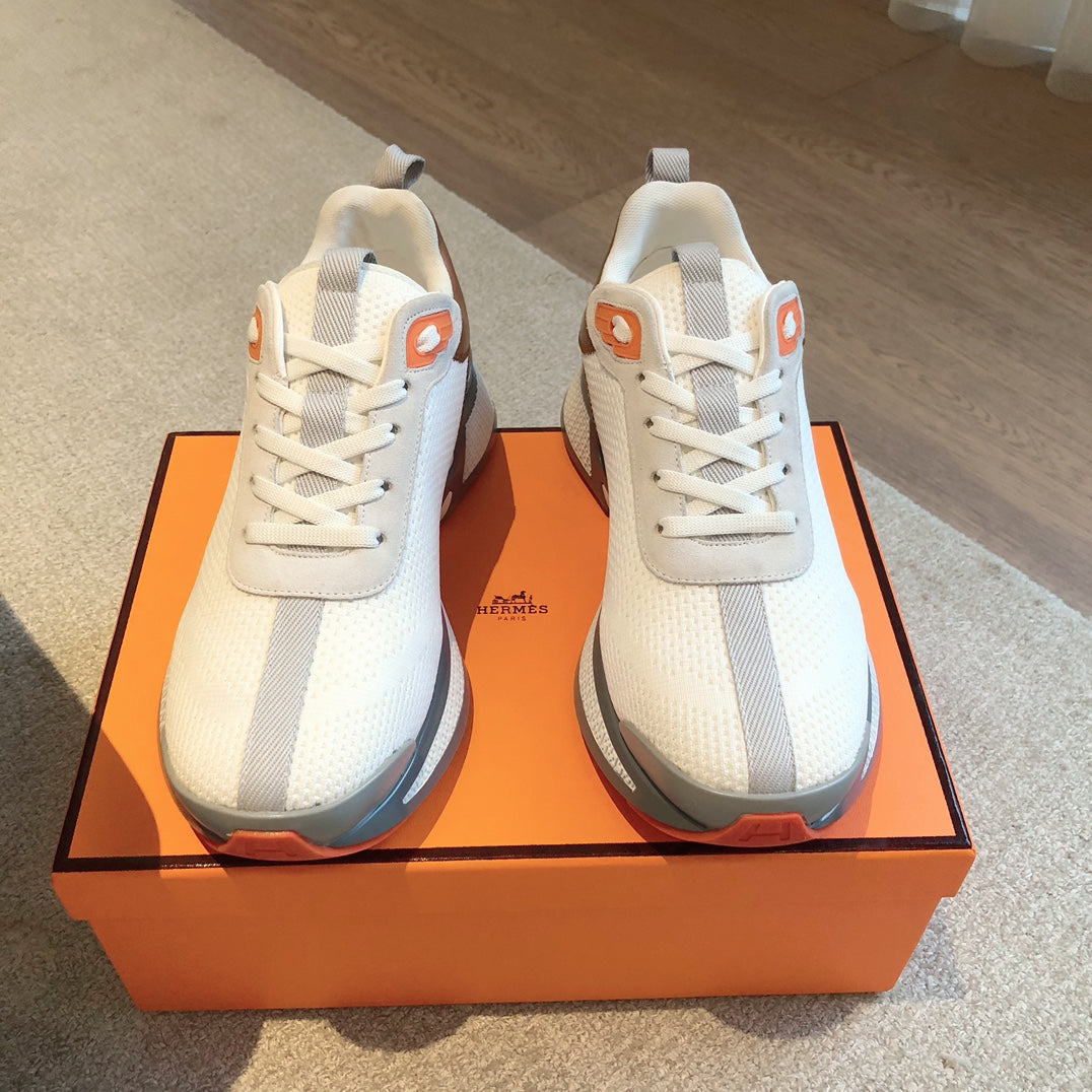 HEROS SNEAKER IN WHITE BREATHABLE MESH FABRIC AND BROWN CALFSKIN - 35