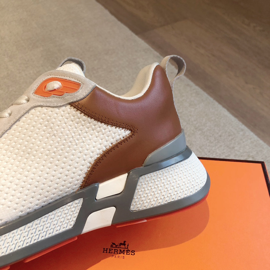 HEROS SNEAKER IN WHITE BREATHABLE MESH FABRIC AND BROWN CALFSKIN - 35