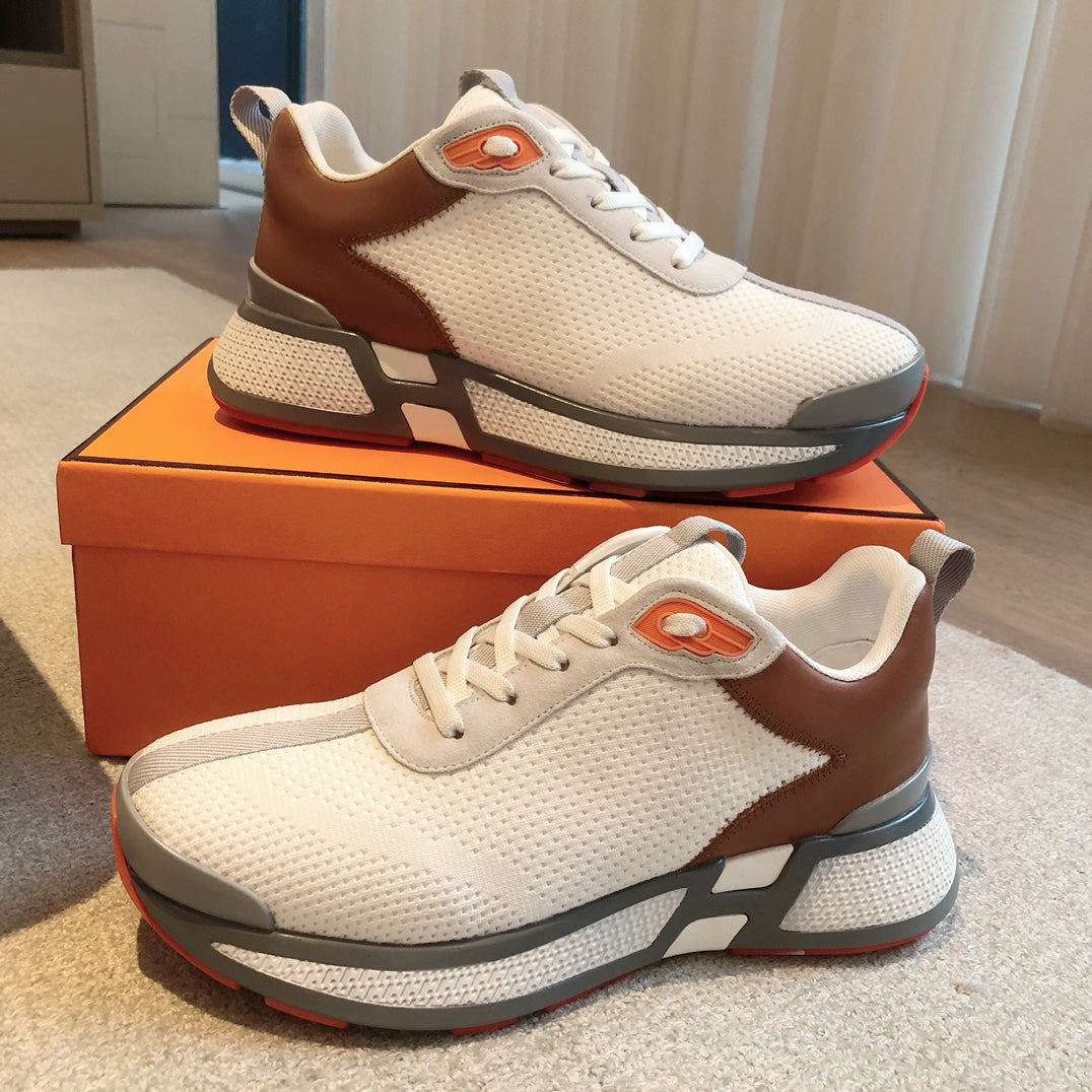 HEROS SNEAKER IN WHITE BREATHABLE MESH FABRIC AND BROWN CALFSKIN - 35