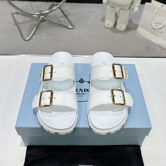 PRADA 25S STRAP SLIDES 30MM IN WHITE CALFSKIN GOLD HARDWARE - 35