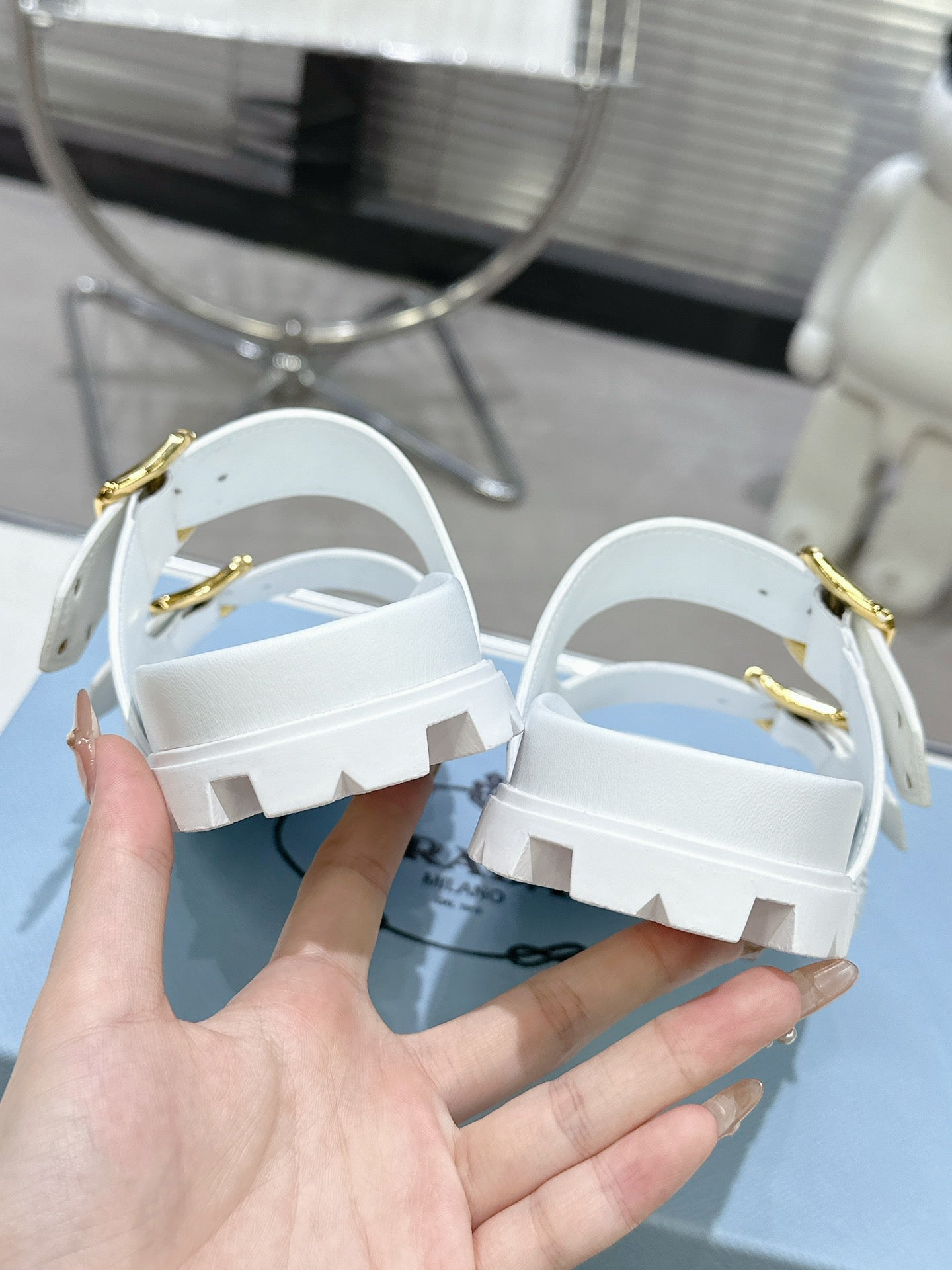 PRADA 25S STRAP SLIDES 30MM IN WHITE CALFSKIN GOLD HARDWARE - 35