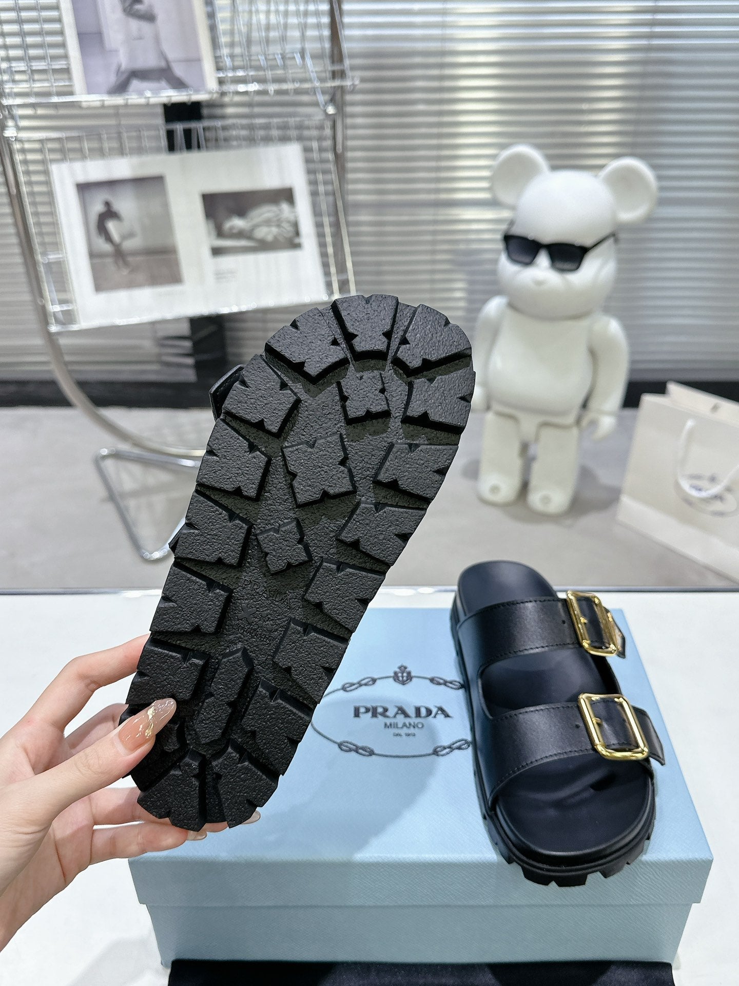 PRADA 25S STRAP SLIDES 30MM IN BLACK CALFSKIN GOLD HARDWARE - 35