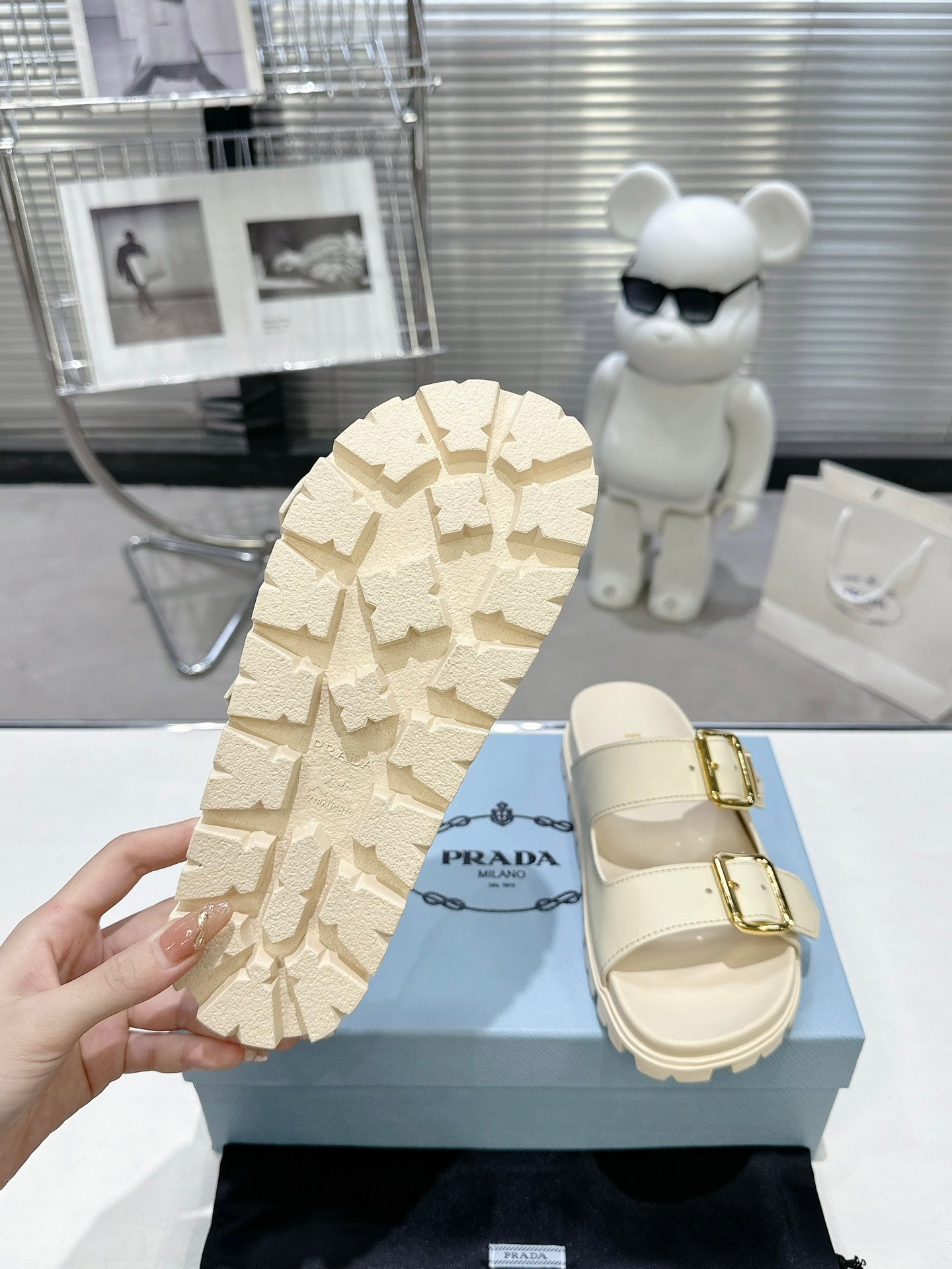 PRADA 25S STRAP SLIDES 30MM IN CREAM CALFSKIN GOLD HARDWARE - 35