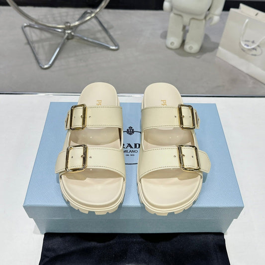PRADA 25S STRAP SLIDES 30MM IN CREAM CALFSKIN GOLD HARDWARE - 35