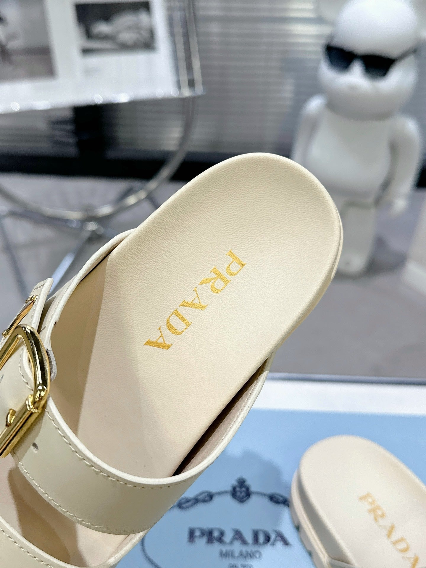 PRADA 25S STRAP SLIDES 30MM IN CREAM CALFSKIN GOLD HARDWARE - 35
