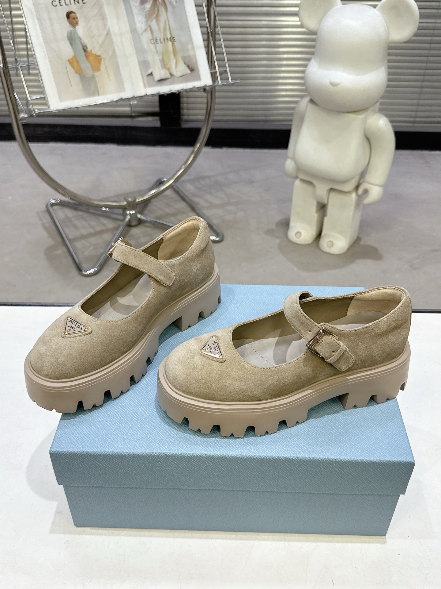 PRADA 25S PLATFORM MARY JANE SHOES IN BEIGE SUEDE STYLE 4 - 35