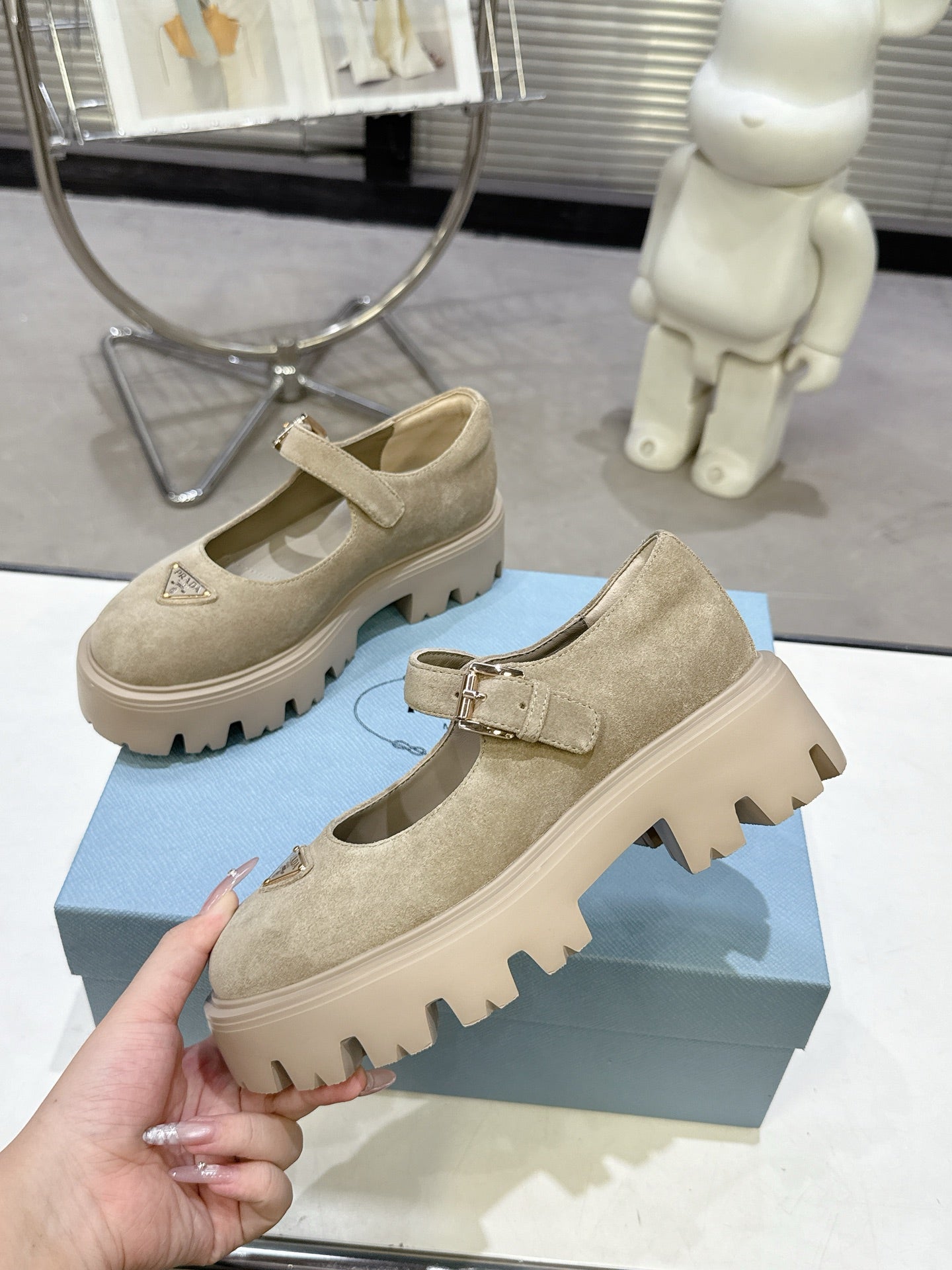 PRADA 25S PLATFORM MARY JANE SHOES IN BEIGE SUEDE STYLE 4 - 35