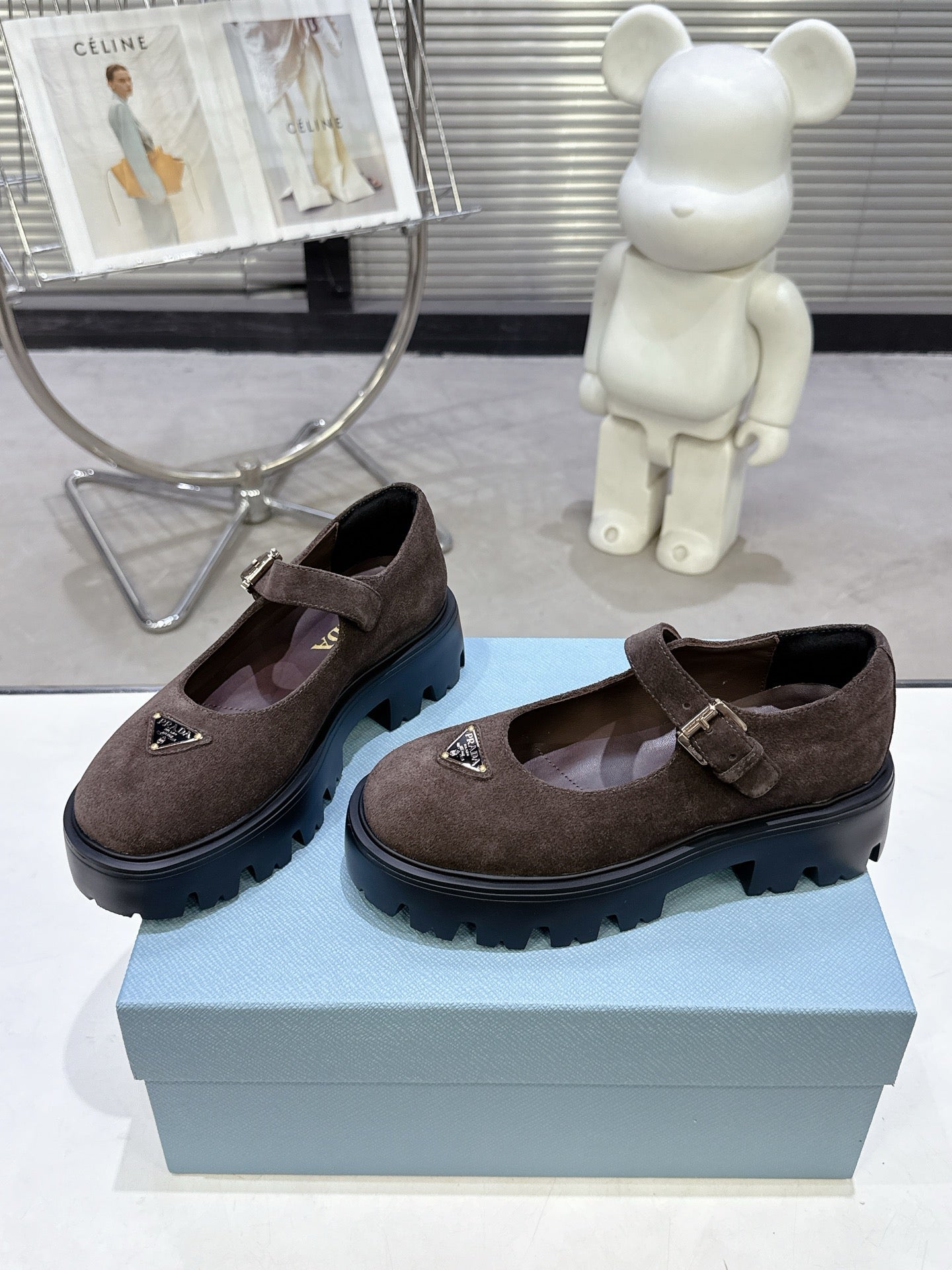 PRADA 25S PLATFORM MARY JANE SHOES IN DARK BROWN SUEDE STYLE 3 - 35