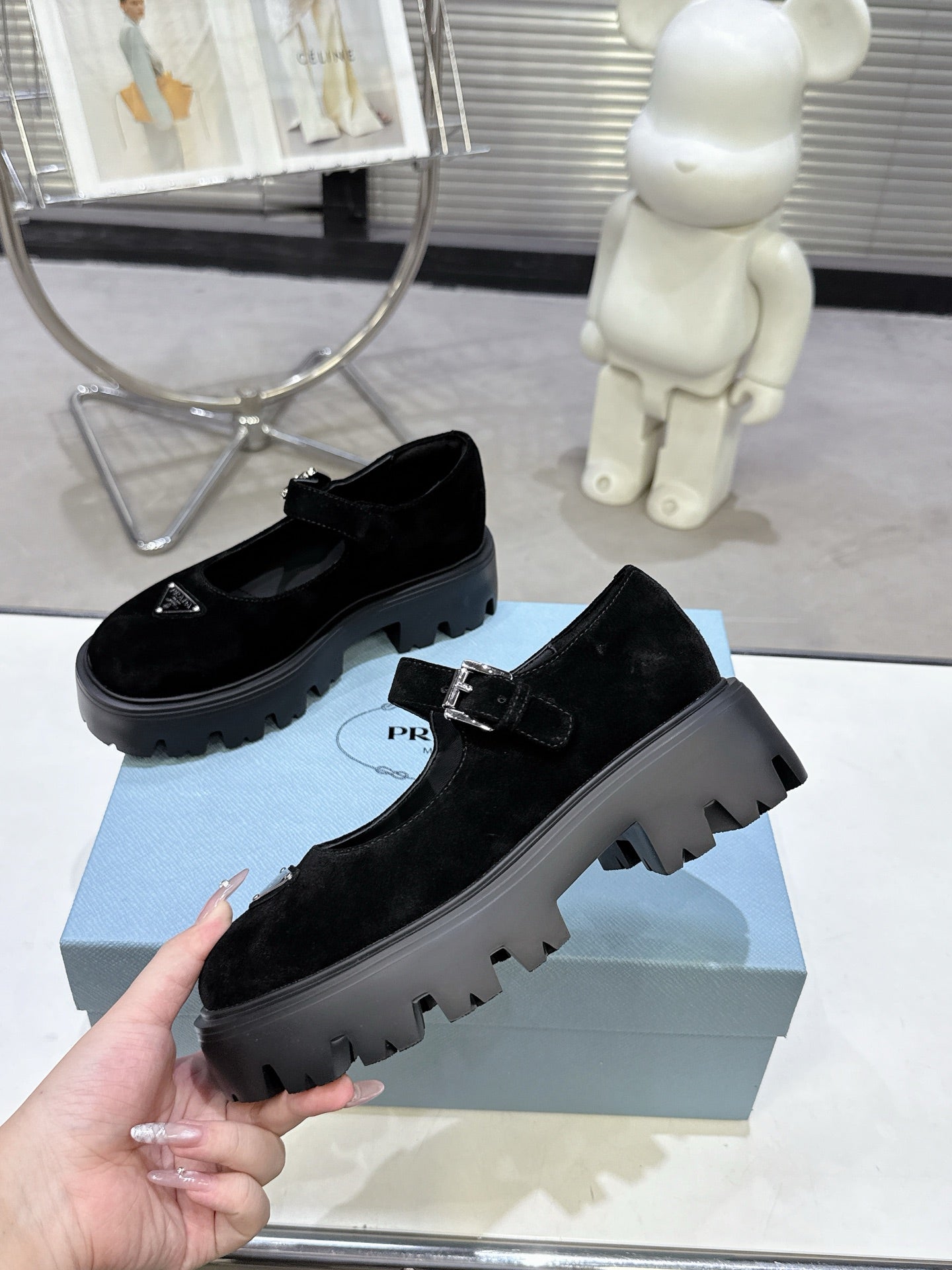 PRADA 25S PLATFORM MARY JANE SHOES IN BLACK SUEDE STYLE 2 - 35