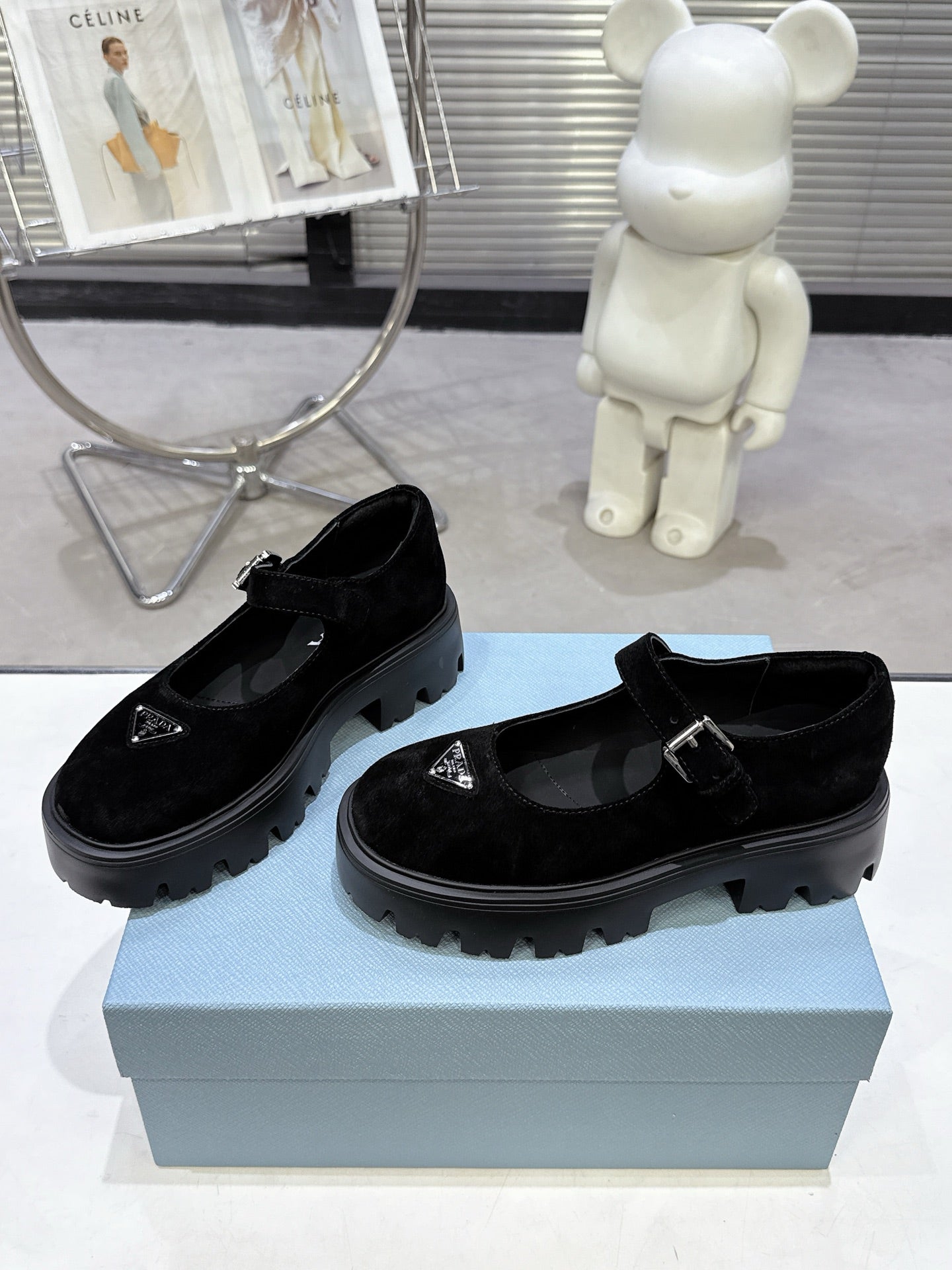 PRADA 25S PLATFORM MARY JANE SHOES IN BLACK SUEDE STYLE 2 - 35