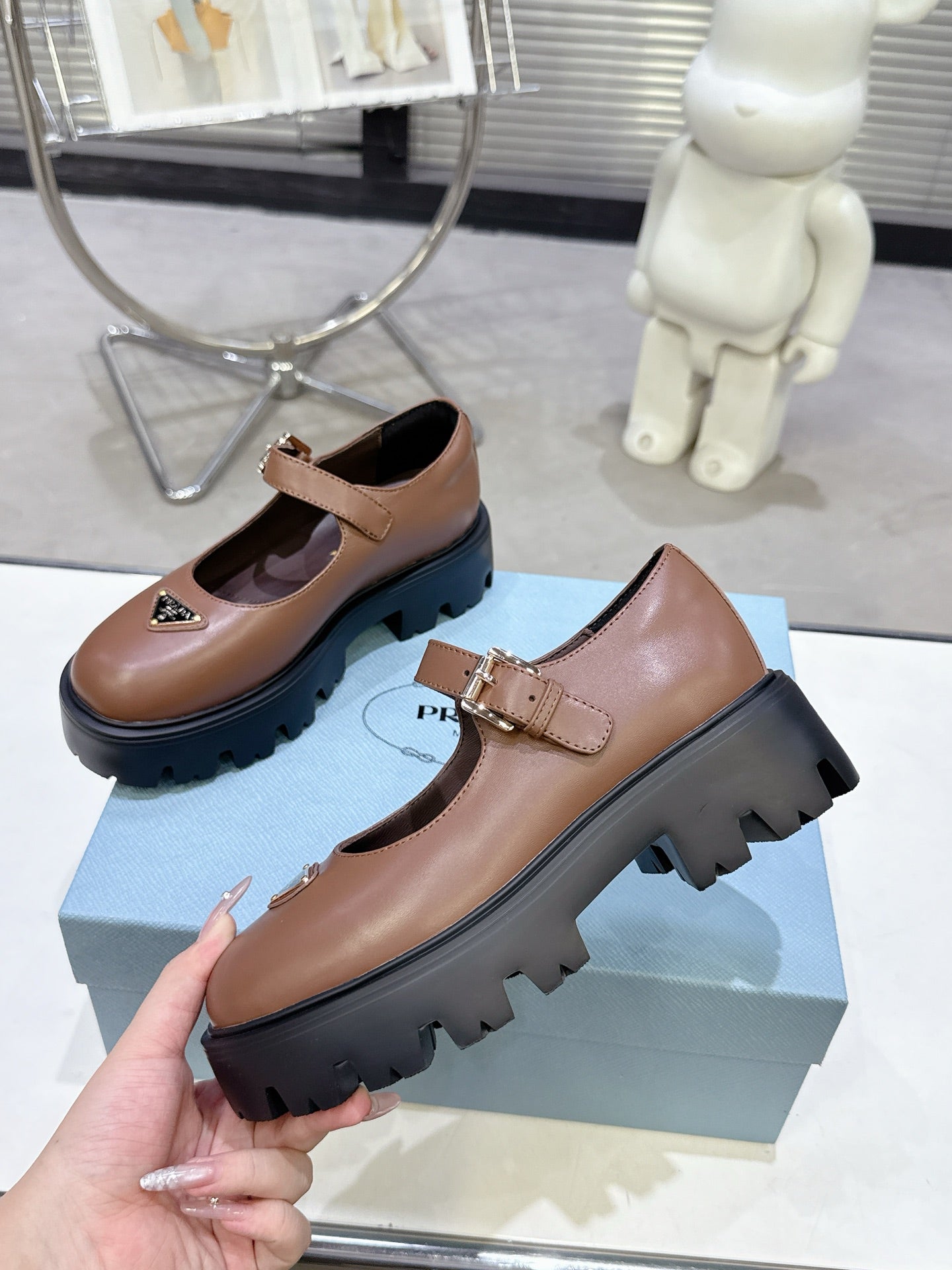 PRADA 25S PLATFORM MARY JANE SHOES IN BROWN CALFSKIN STYLE 1 - 35