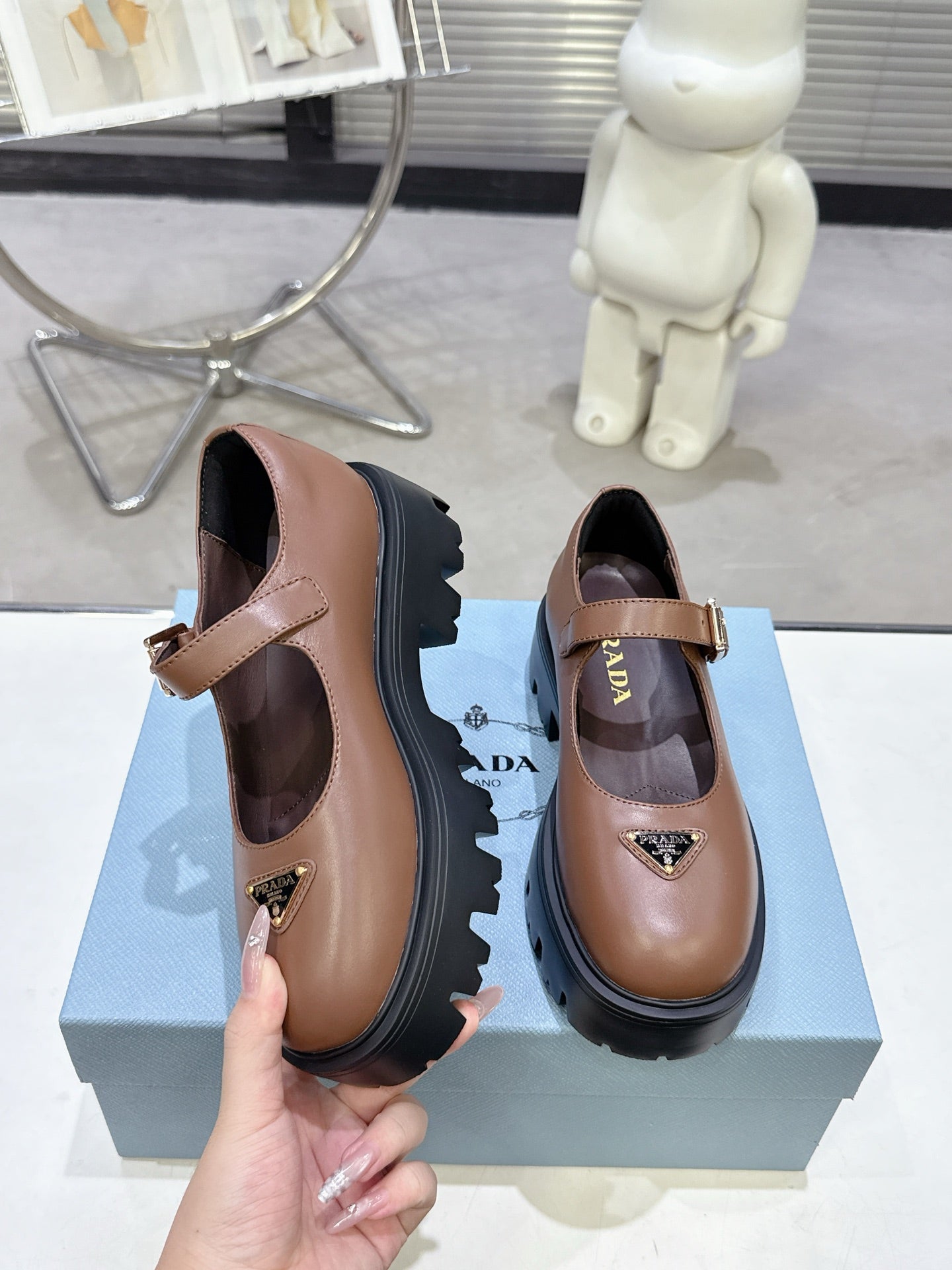 PRADA 25S PLATFORM MARY JANE SHOES IN BROWN CALFSKIN STYLE 1 - 35