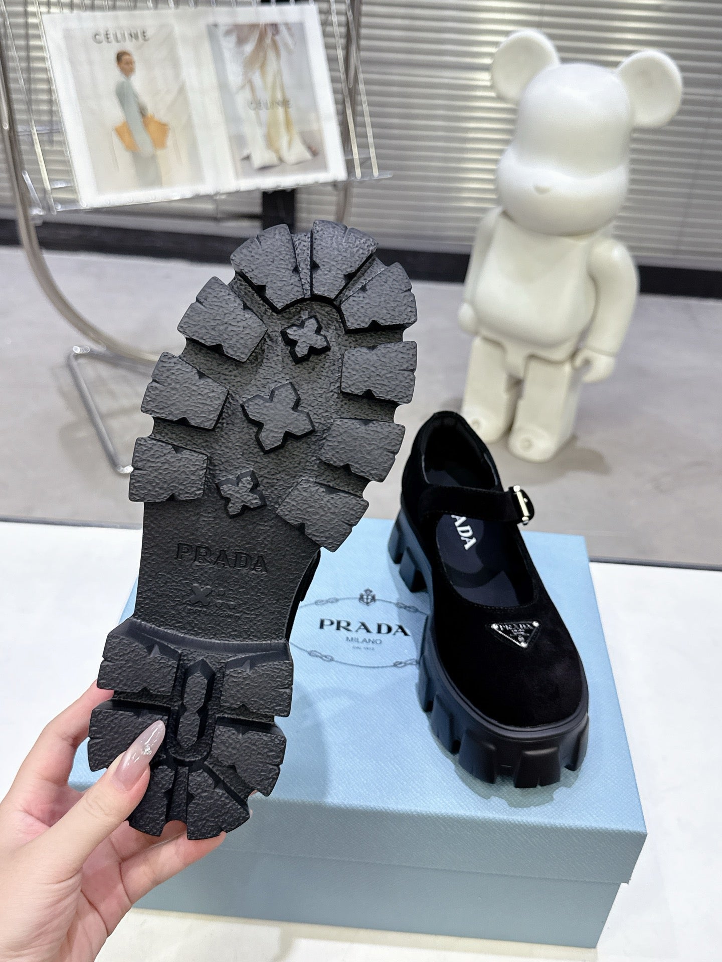 PRADA 25S PLATFORM MARY JANE SHOES IN BLACK SUEDE - 35