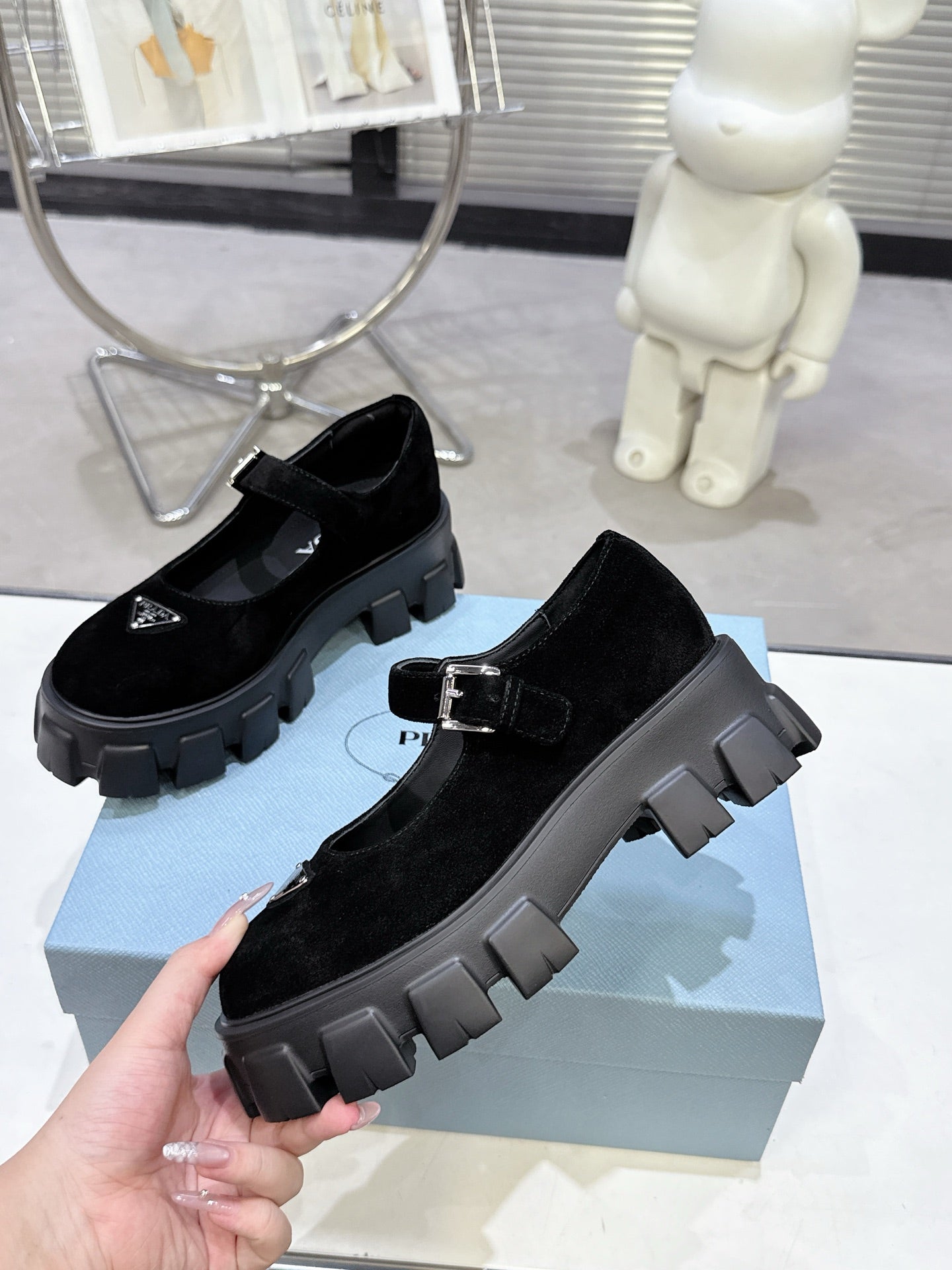 PRADA 25S PLATFORM MARY JANE SHOES IN BLACK SUEDE - 35