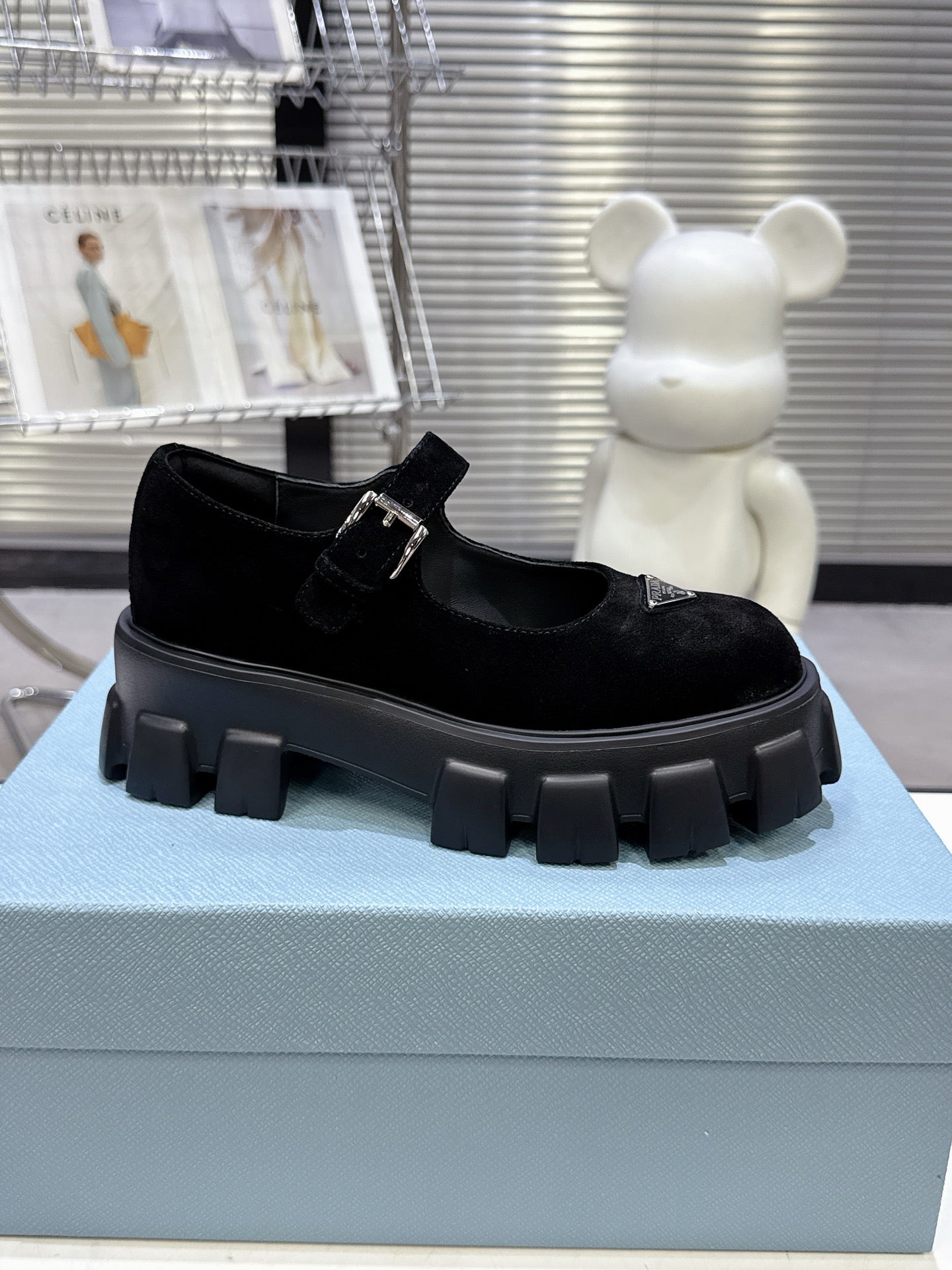 PRADA 25S PLATFORM MARY JANE SHOES IN BLACK SUEDE - 35