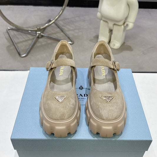 PRADA 25S PLATFORM MARY JANE SHOES IN BEIGE SUEDE - 35