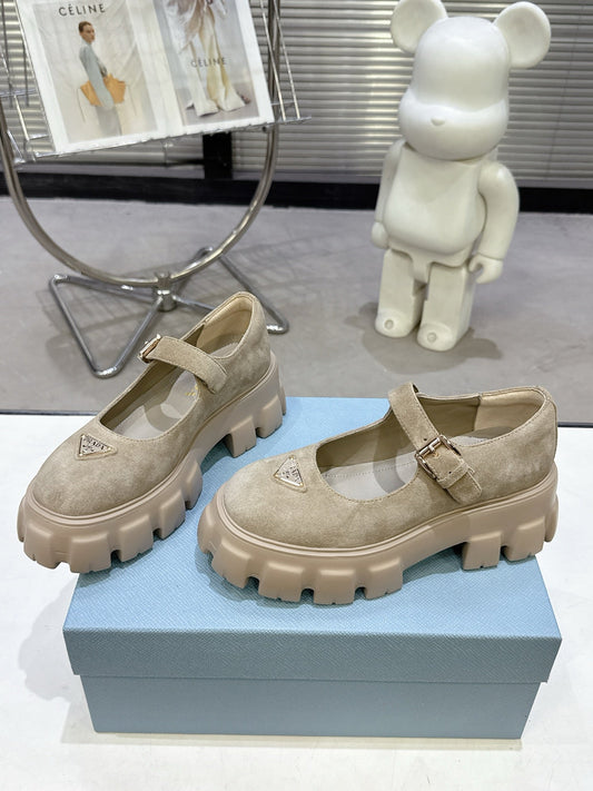 PRADA 25S ТУФЛІ МЕРІ ДЖЕЙН НА ПЛАТФОРМІ З БЕЖЕВОЇ ЗАМШІ - 35