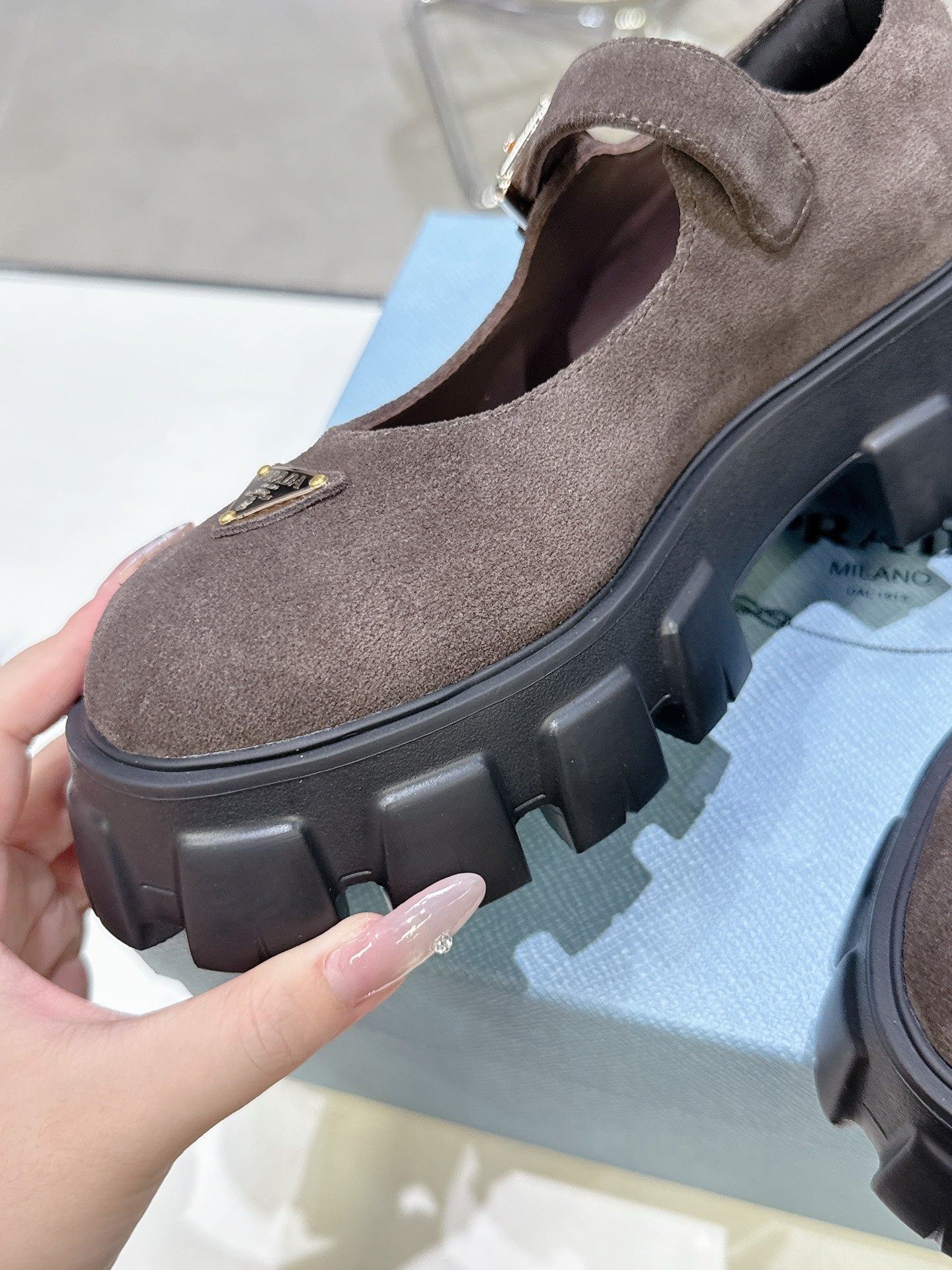 PRADA 25S PLATFORM MARY JANE SHOES IN DARK BROWN SUEDE - 35