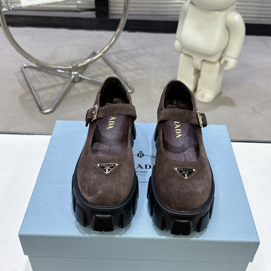 PRADA 25S PLATFORM MARY JANE SHOES IN DARK BROWN SUEDE - 35